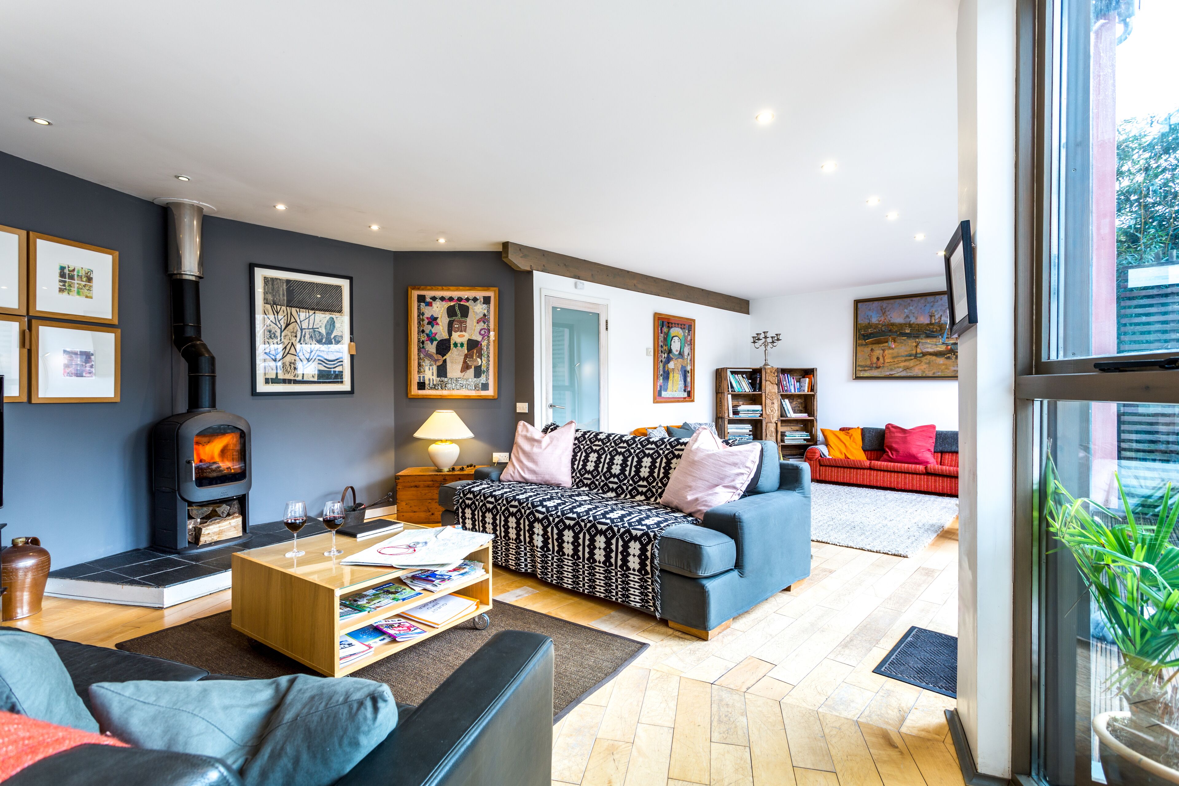 Smart TV, fireplace, DVD player, books