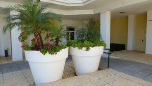 Un vaste espace intérieur agrémenté de grands bacs contenant diverses plantes et fleurs.