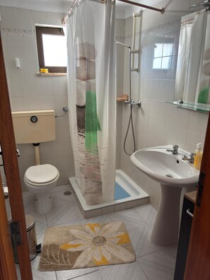 Douche, serviettes fournies, papier de toilette