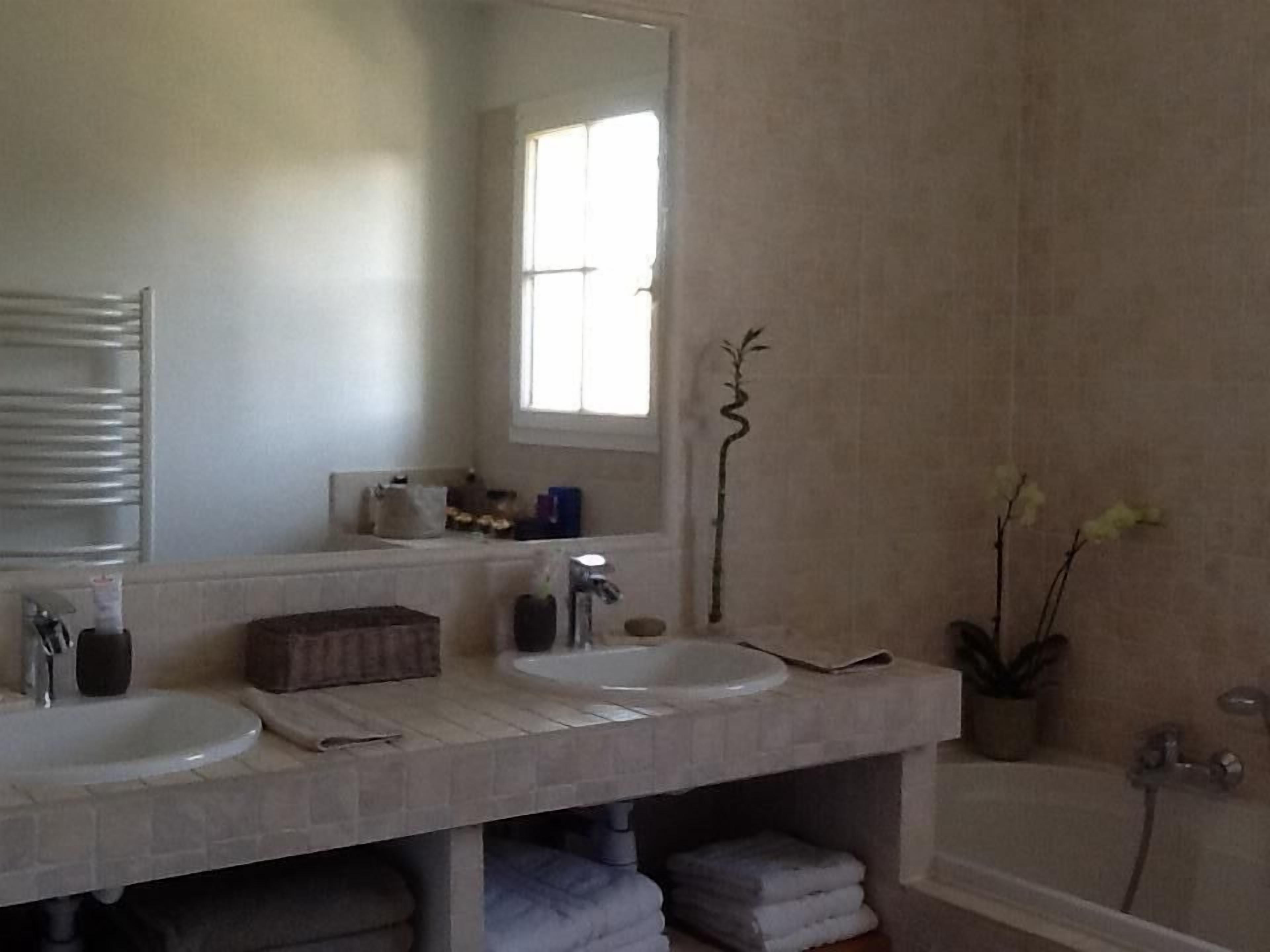 A bathroom with two sinks, a mirror, a window, a bathtub, and a potted plant.