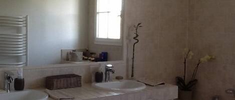 A bathroom with two sinks, a mirror, a window, a bathtub, and a potted plant.