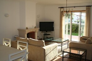 Télévision, cheminée, lecteur de DVD, chaîne hi-fi