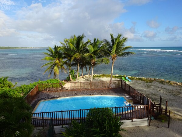 Relax by the ocean with a tranquil pool and lush surroundings.