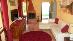 A living room with a fireplace, a sofa, a TV, and a red rug.