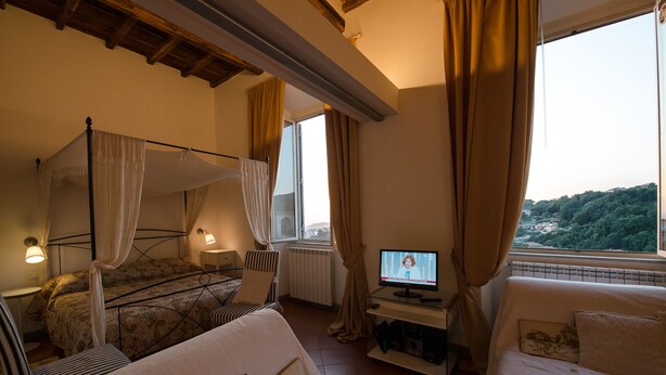 Quarto com cama de dossel, sofá, televisão e janela com cortinas.