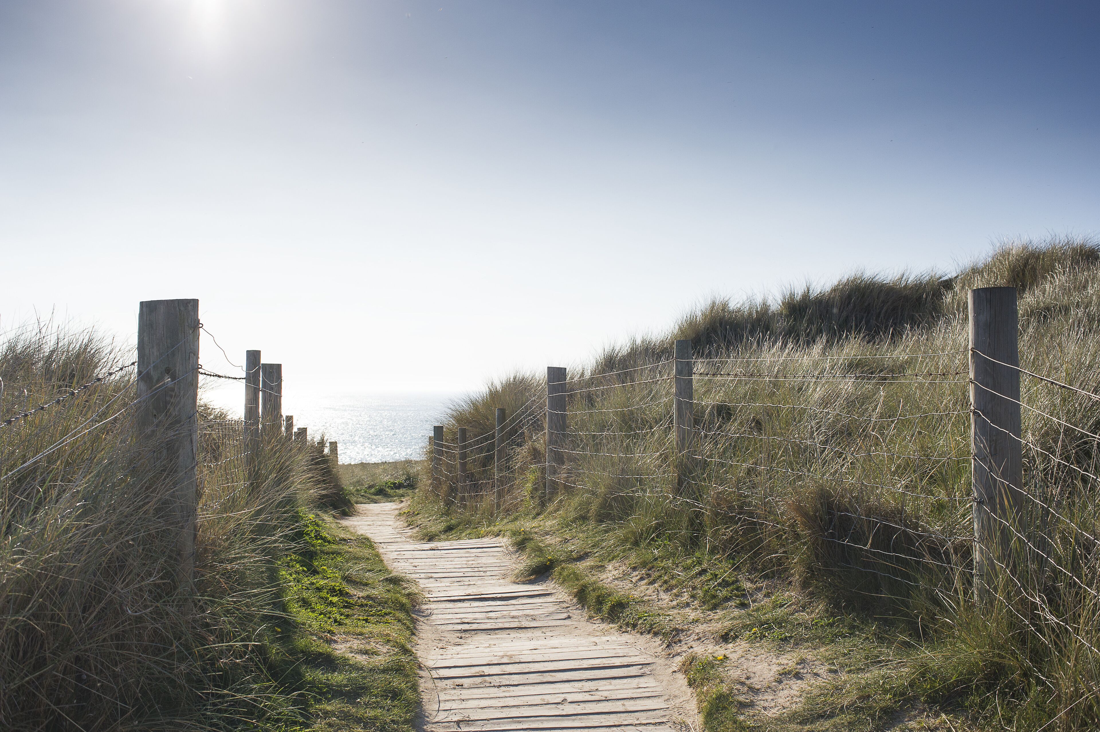 Ein hölzerner Weg führt zu einem Strand, gesäumt von hohem Gras und Holzpfählen.