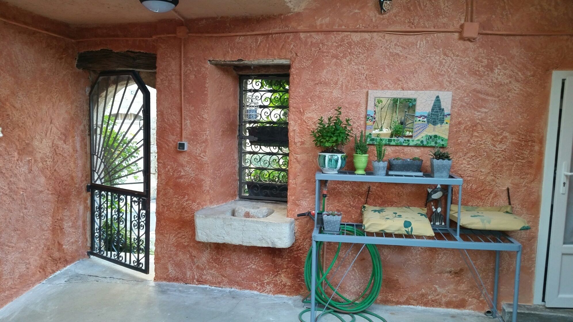 A room with a concrete floor, a metal gate, a window with decorative bars, a shelf with potted plants, and a door.