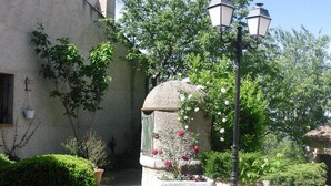 A courtyard with a stone fountain, potted plants, and a lamp post.