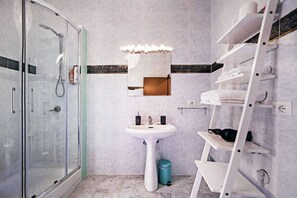 Shower, hair dryer, bidet, towels