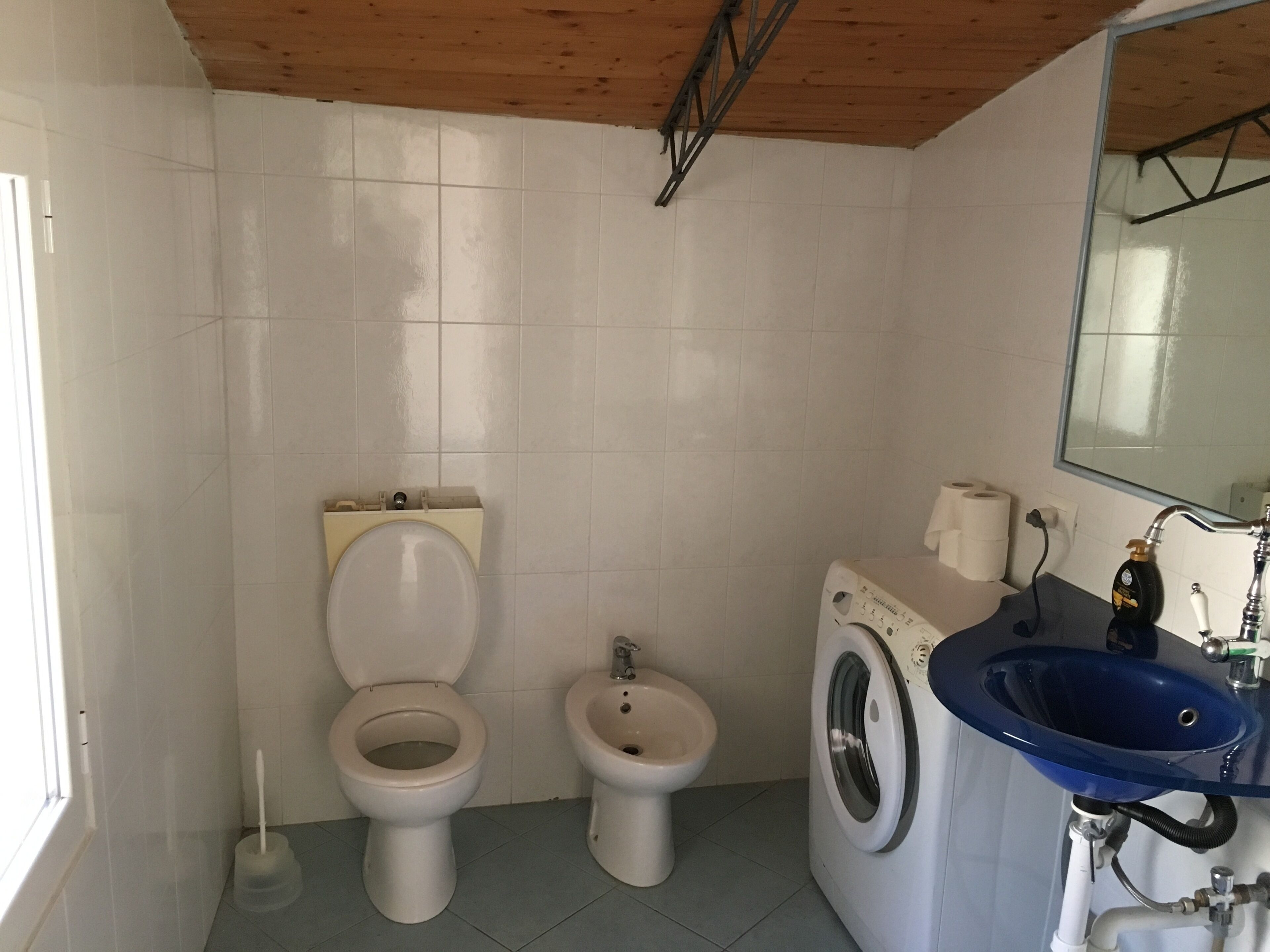 Un baño con inodoro, bidé y lavadora.