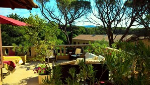 Una veranda esterna con tavolo e sedie, circondata da piante in vaso e alberi.