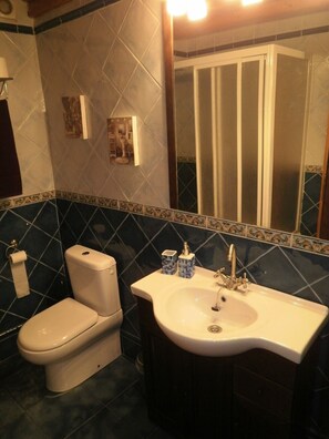 Combined shower/bathtub, hair dryer, towels, soap