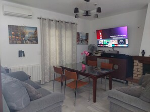 Smart TV, fireplace, video games, DVD player