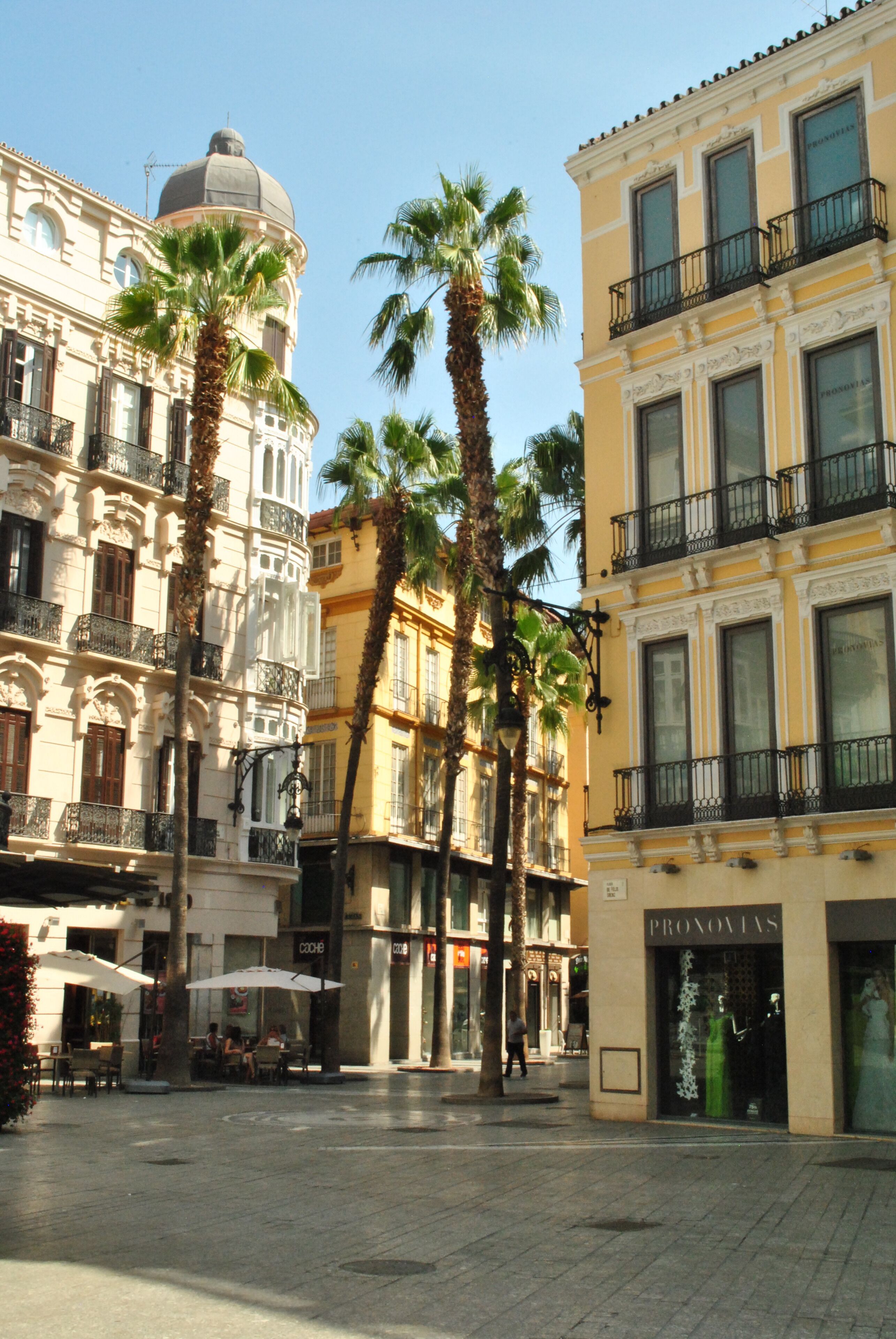 Una plaza con palmeras, un edificio con cúpula y una tienda con maniquíes.