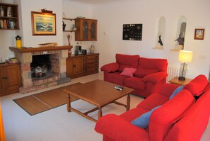 Fernseher, Kamin, DVD-Player, Bücher