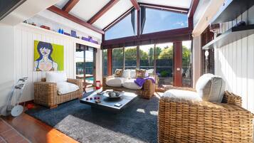 Smart-tv, eldstad och en stereo