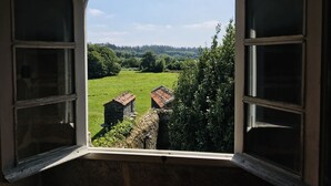 Vista a través de una ventana que muestra un muro de piedra y dos pequeños edificios en un campo verde.