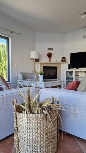 Smart-tv, een open haard en boeken