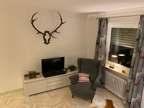 A living room with a television on a white cabinet, a grey armchair, a deer antler wall decoration, and a window with curtains.