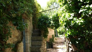 A stone staircase leading up to a door, surrounded by lush greenery.