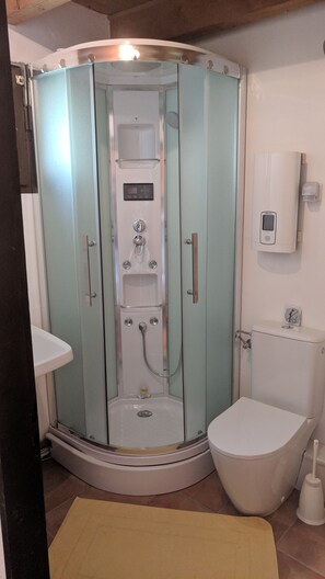 Shower, hair dryer, towels, toilet paper