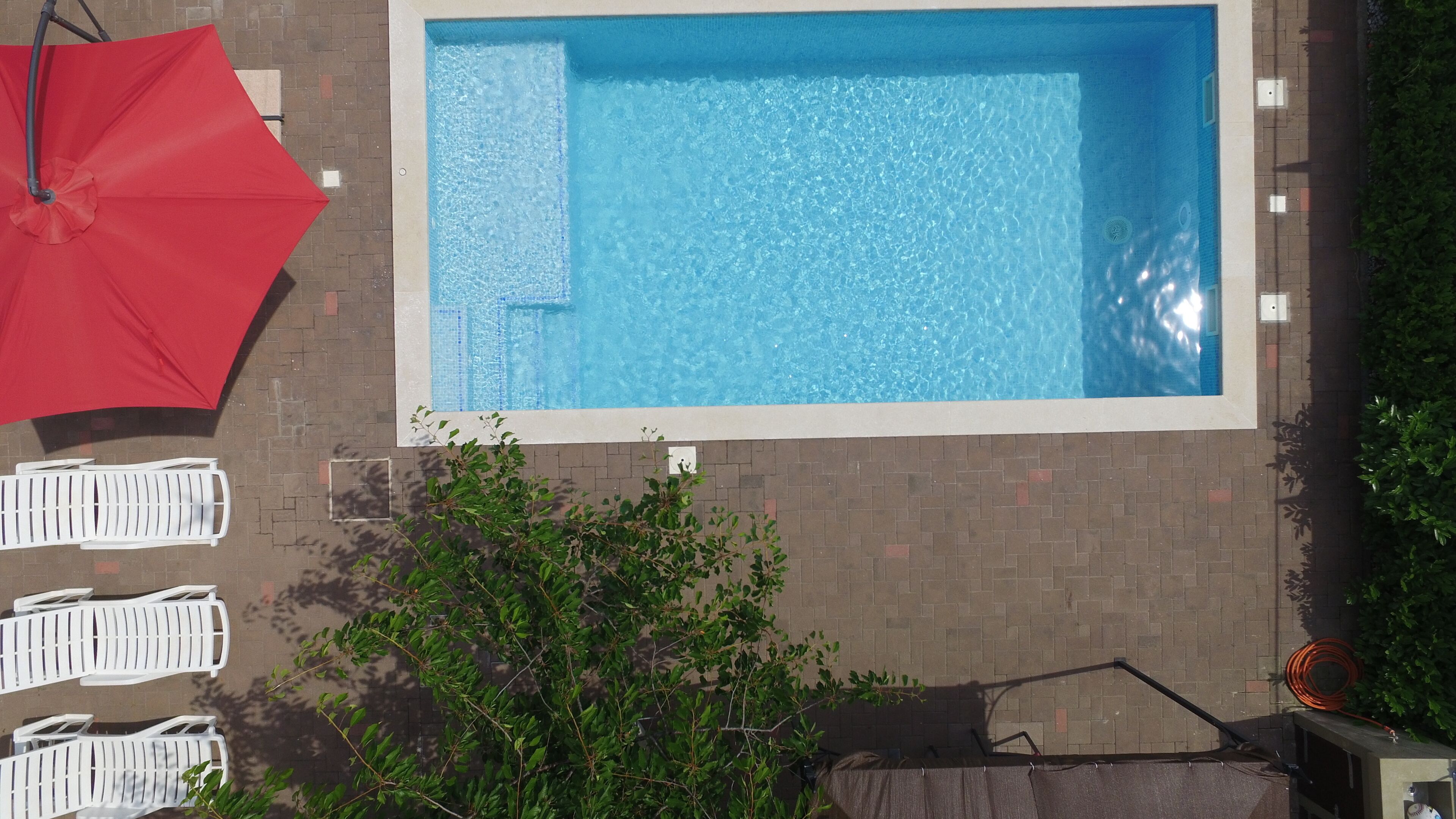 A rectangular swimming pool with a tiled edge, surrounded by a brick wall.