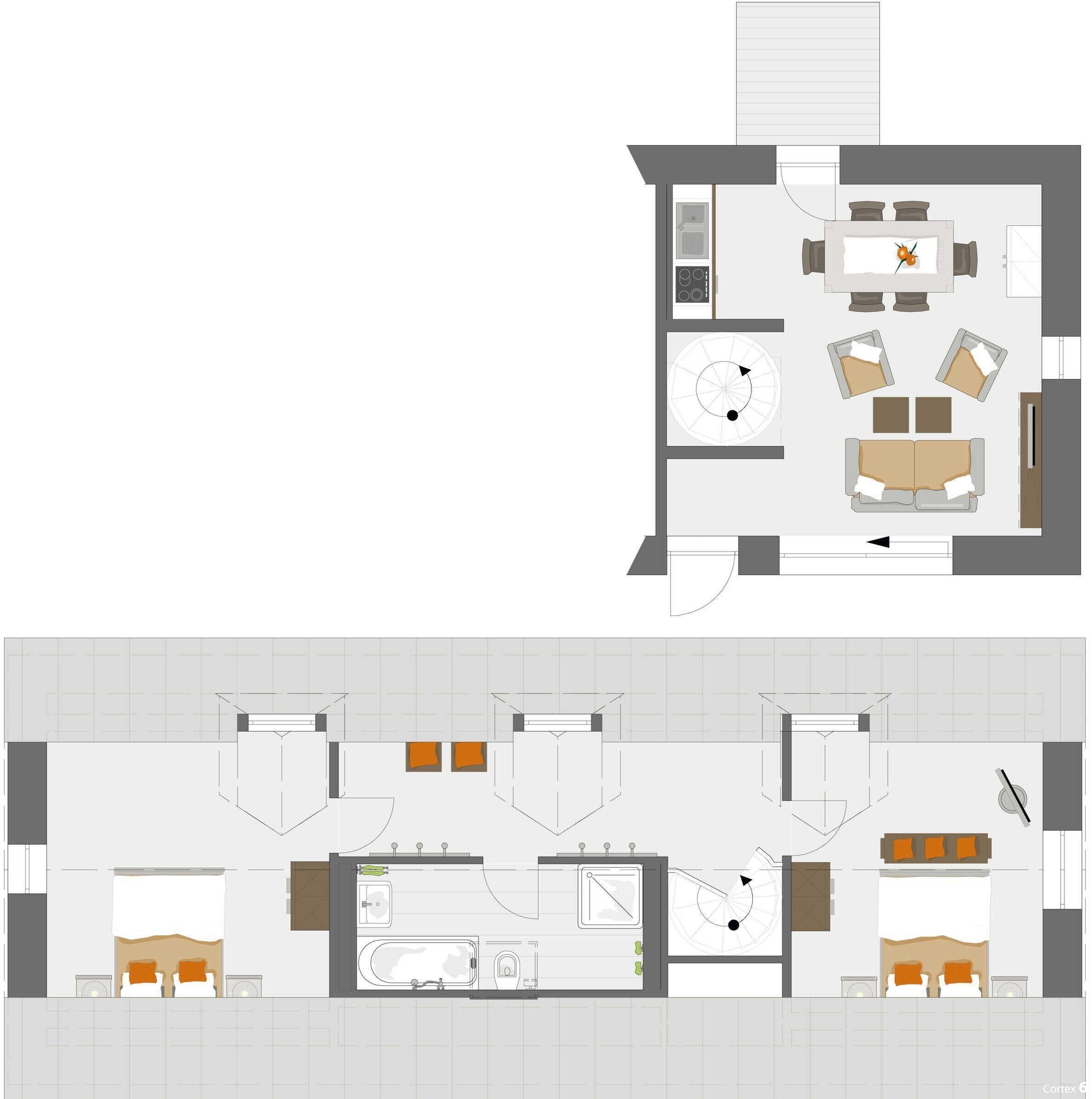 A hotel layout with a dining area, a living room, and two bedrooms.