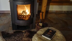 Een houtkachel met een boek en een bont vloerkleed.