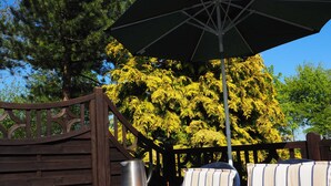An outdoor seating area with a table set for two, a metal pitcher, and a glass with a drink. - Apartment "Schwansen" - Apartments on the holiday farm Jochimsen (Kappeln)
