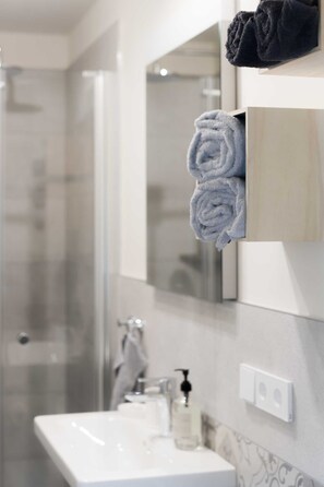 Douche, douche à « effet pluie », sèche-cheveux, serviettes fournies
