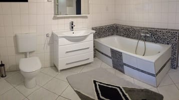 Duschwanne, Haartrockner, Seife, Toilettenpapier