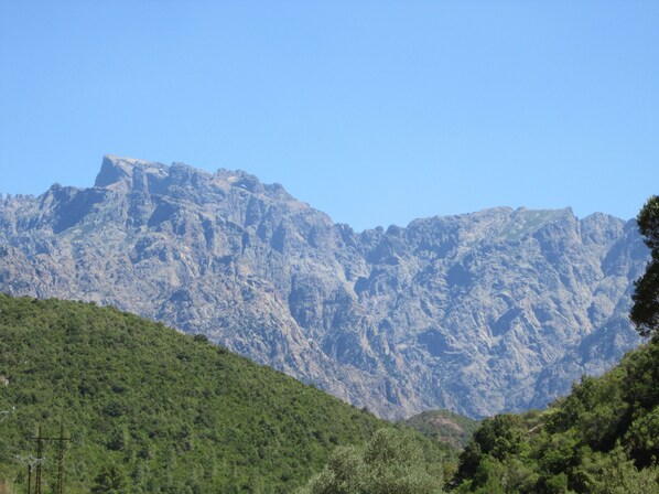 A mountainous landscape with rocky terrain and dense green vegetation.