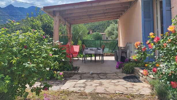 Eine überdachte Terrasse mit Tisch und Stühlen, umgeben von blühenden Pflanzen und einem Steinweg.