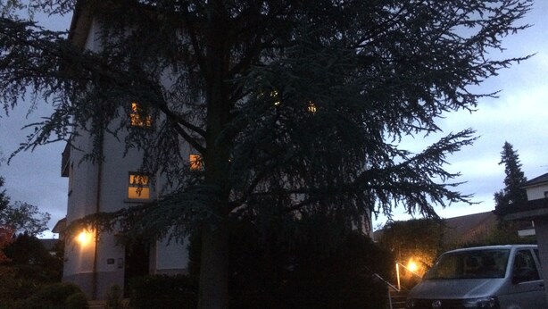 A building with a large tree in front, a parked van, and a lit sign on the building. - Aviva (95 m2 apartment with terrace) (Huningue)