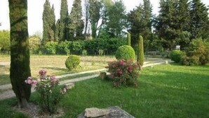 Un jardín con un banco de piedra, setos cuidadosamente recortados y árboles altos.