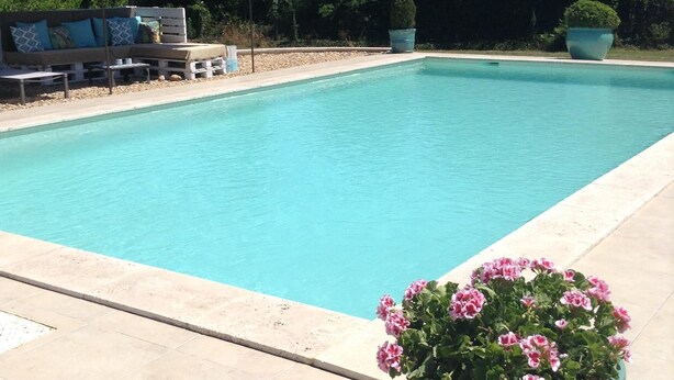 Una piscina con solárium de baldosas, un área de descanso con sofá y sillones, y una maceta grande con flores rosadas.