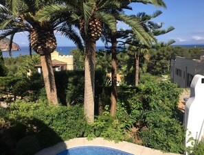 Ein Pool, umgeben von üppiger Vegetation und Palmen, mit Blick auf das Meer und Gebäude im Hintergrund.