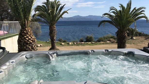 Een jacuzzi met bedieningspaneel, omringd door palmbomen en uitzicht op zee.