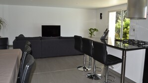 Een moderne keuken met een gasfornuis, een eethoek met een tafel en stoelen, een bank en een televisie.
