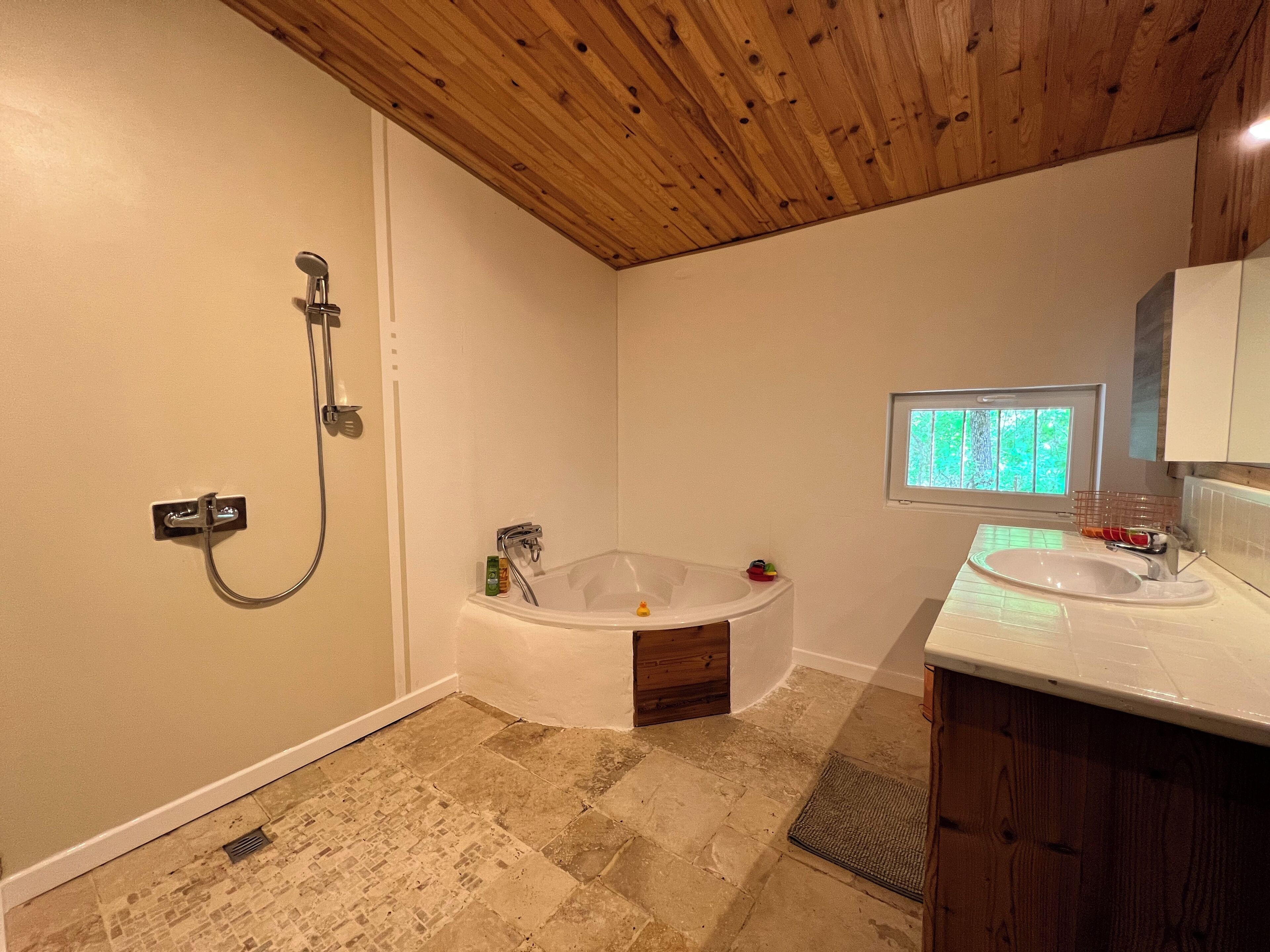 Combined shower/bathtub, hair dryer, towels, soap