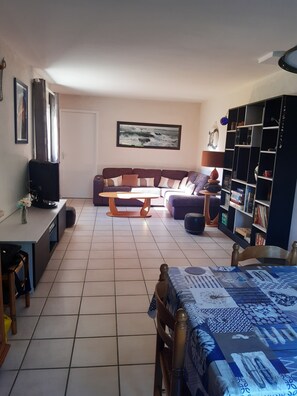 Fernseher, DVD-Player, Bücher, Musikbibliothek