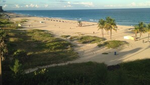 A beach with a lifeguard tower, palm trees, and a clear view of the ocean. - Palm Beach Shores Ocean Front Resort, Singer Island One Bedroom ~ Valet Parking (Palm Beach Shores)