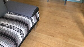 Une pièce comprenant un canapé, une étagère en métal avec une lampe et une porte donnant sur une salle de bain.