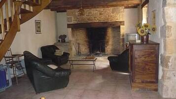 Televisie, een open haard en een dvd-speler