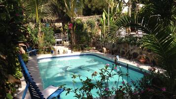 A swimming pool surrounded by lush greenery and a stone wall.
