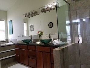 Ensemble douche/baignoire, baignoire à jets, sèche-cheveux, bidet