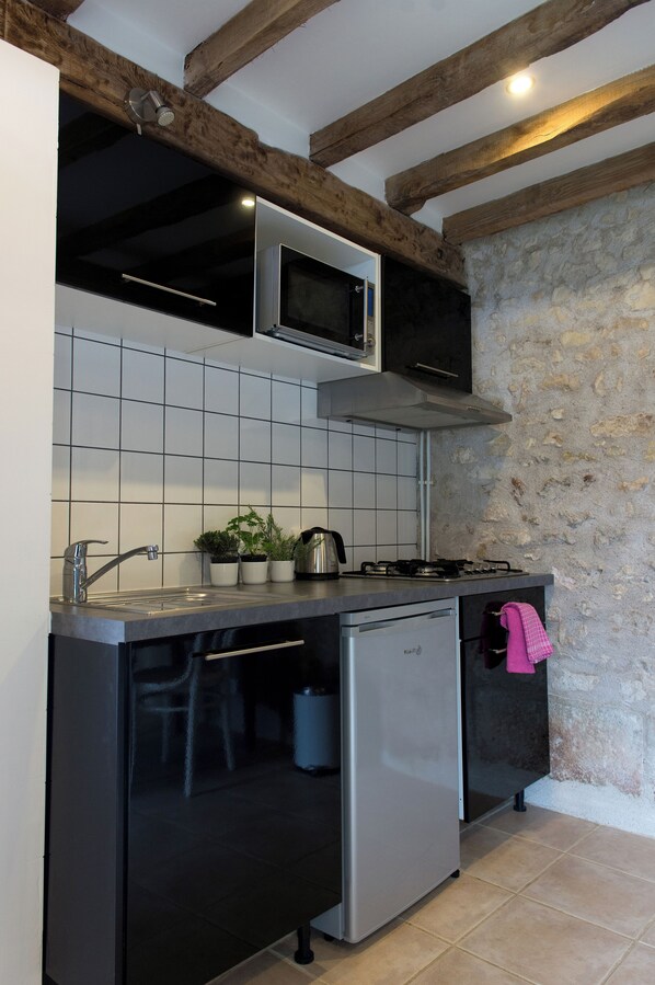 Compact kitchen with a gas stove, microwave, and refrigerator, featuring a rustic yet contemporary design.