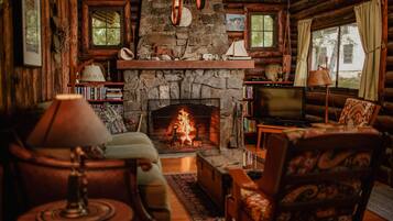 Smart TV, fireplace, books