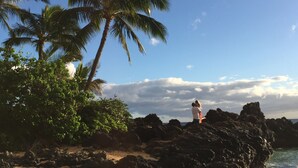 A rocky shoreline with palm trees and ocean waves. - OCEAN VIEW - SLEEP 6! -Single Level - Family Room -No Stairs-Steps to Beach! (Kihei)