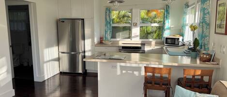 A modern kitchen with a central island, stainless steel appliances, and a view of greenery outside.